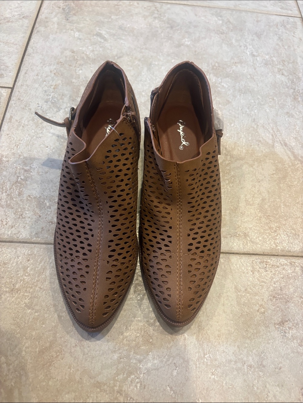 Qupid Brown Perforated Ankle Booties with Side Zip